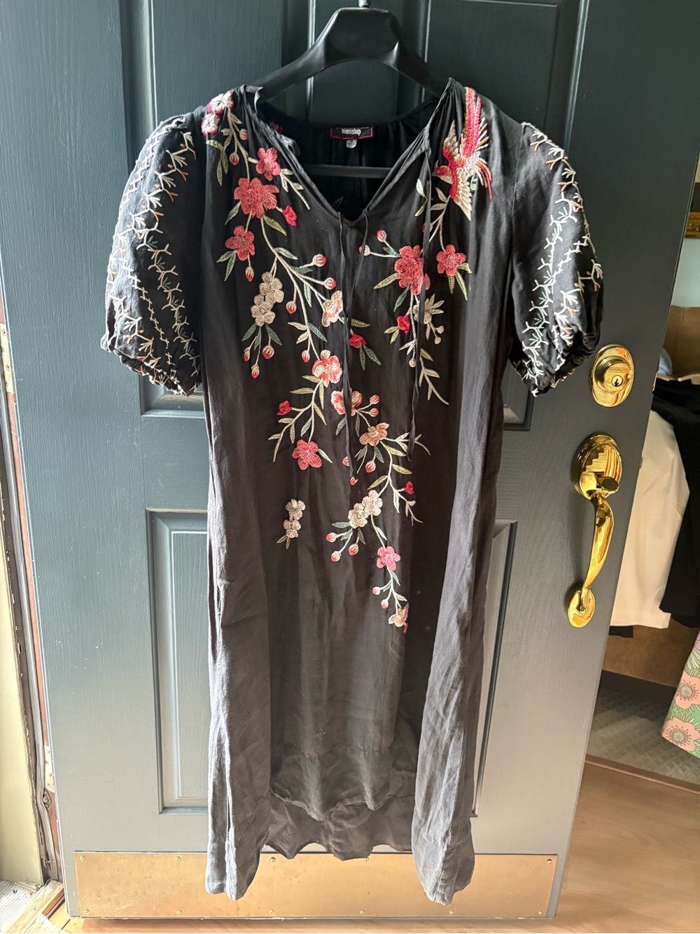 Johnny Was Workshop Ramie Embroidered Black Floral Midi Dress